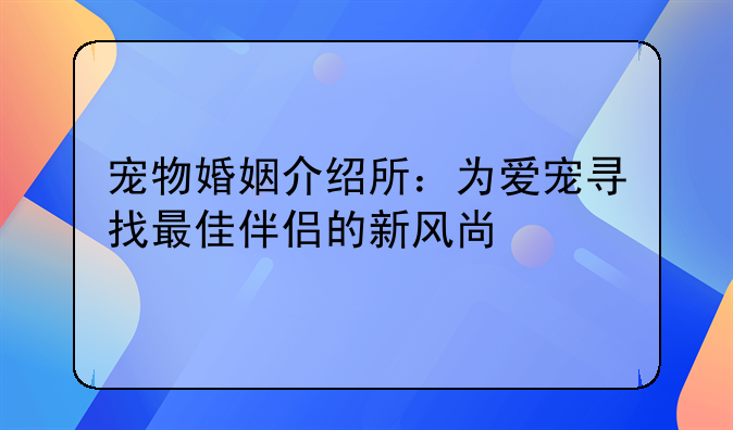 宠物婚姻介绍所：为爱宠寻找最佳伴侣的新风尚